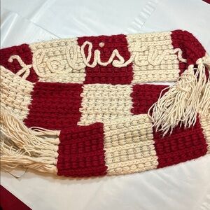 Hollister SPELLOUT red beige chunky knit LONG scarf long fringe ends HOLIDAY VTG